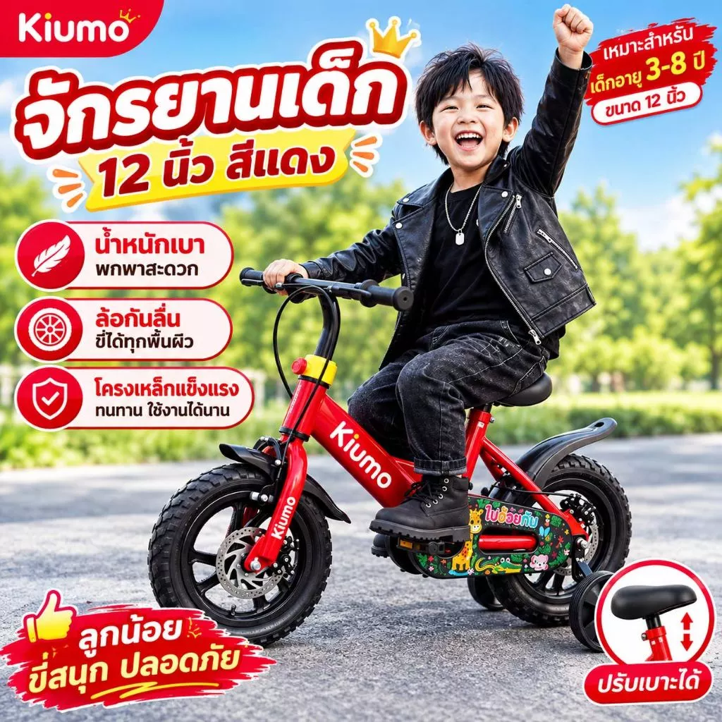 Kiumo จักรยานเด็ก 12 นิ้ว รถจักรยานเด็ก ลาย Safari มีเบรก มีล้อเสริม โครงเหล็กคาร์บอนสูง ล้อยางตัน เหมาะสำหรับเด็ก 2-5 ปี