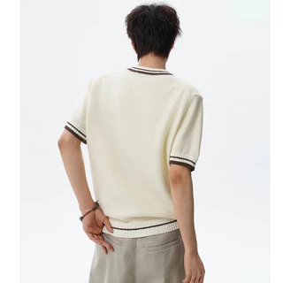 MIXSEVEN เสื้อผู้ชายแขนสั้นไหมพรมสีน้ำเงิน คอปกขาว มีกระเป๋าใบข้าง สไตล์เกาหลี ใส่งานได้ทุกโอกาส