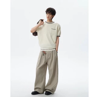 MIXSEVEN เสื้อผู้ชายแขนสั้นไหมพรมสีน้ำเงิน คอปกขาว มีกระเป๋าใบข้าง สไตล์เกาหลี ใส่งานได้ทุกโอกาส