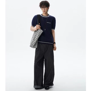 MIXSEVEN เสื้อผู้ชายแขนสั้นไหมพรมสีน้ำเงิน คอปกขาว มีกระเป๋าใบข้าง สไตล์เกาหลี ใส่งานได้ทุกโอกาส