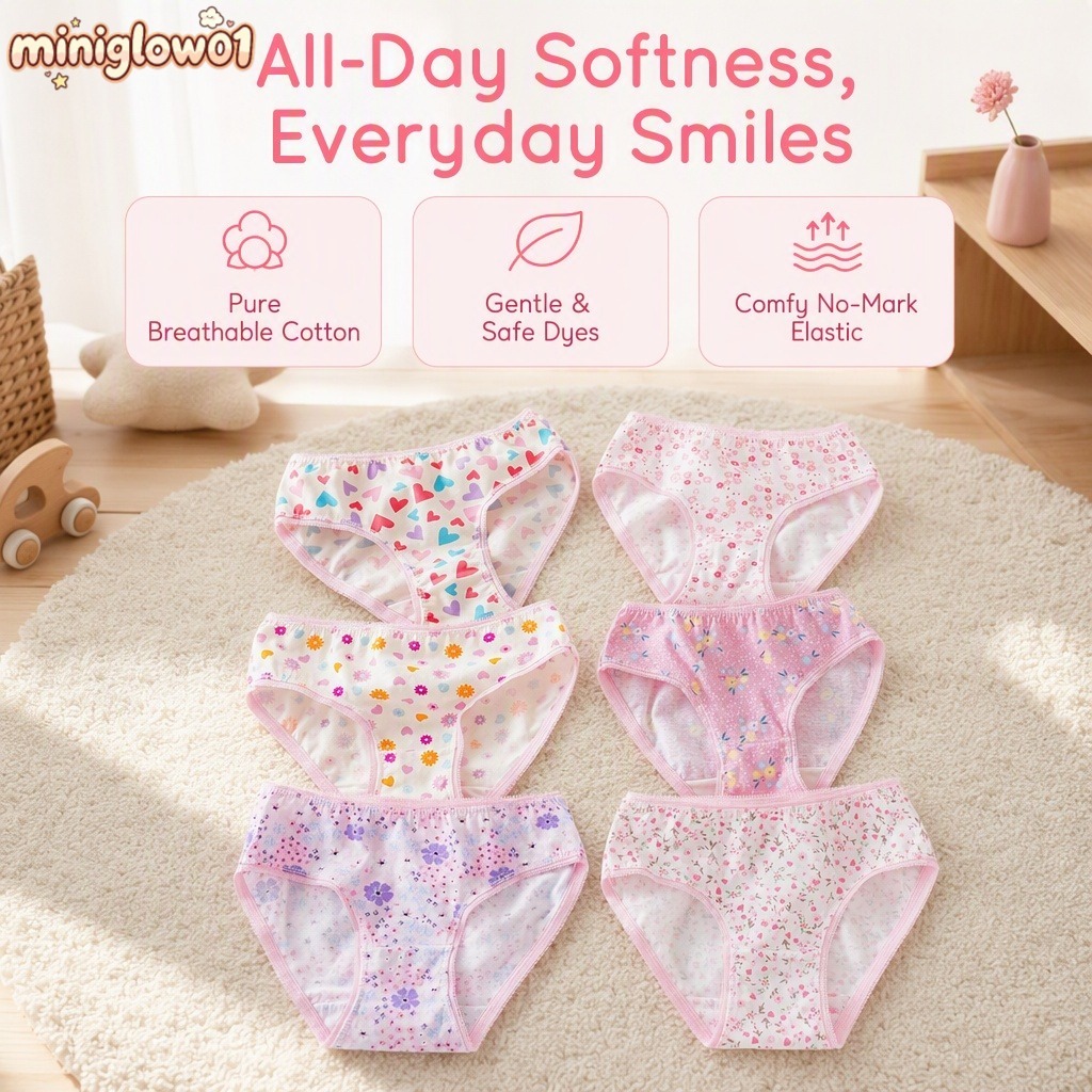 【พร้อมส่ง】กางเกงในเด็กผู้หญิง 3 ตัว ผ้าคอตตอนแท้ ลายหัวใจ-ดอกไม้ นุ่มสบาย ระบายอากาศ 5-12 ปี