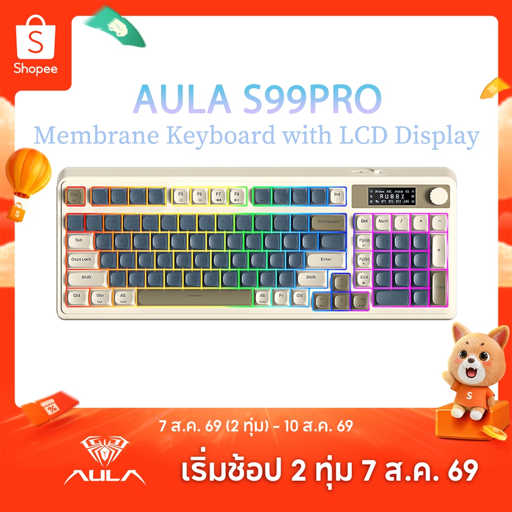 Aula S99PRO คีย์บอร์ดเมมเบรน 99 คีย์บลูทูธแบบมีสาย 2.4G RGB จอแสดงผล LCD ลูกกลิ้งมัลติฟังก์ชั่น