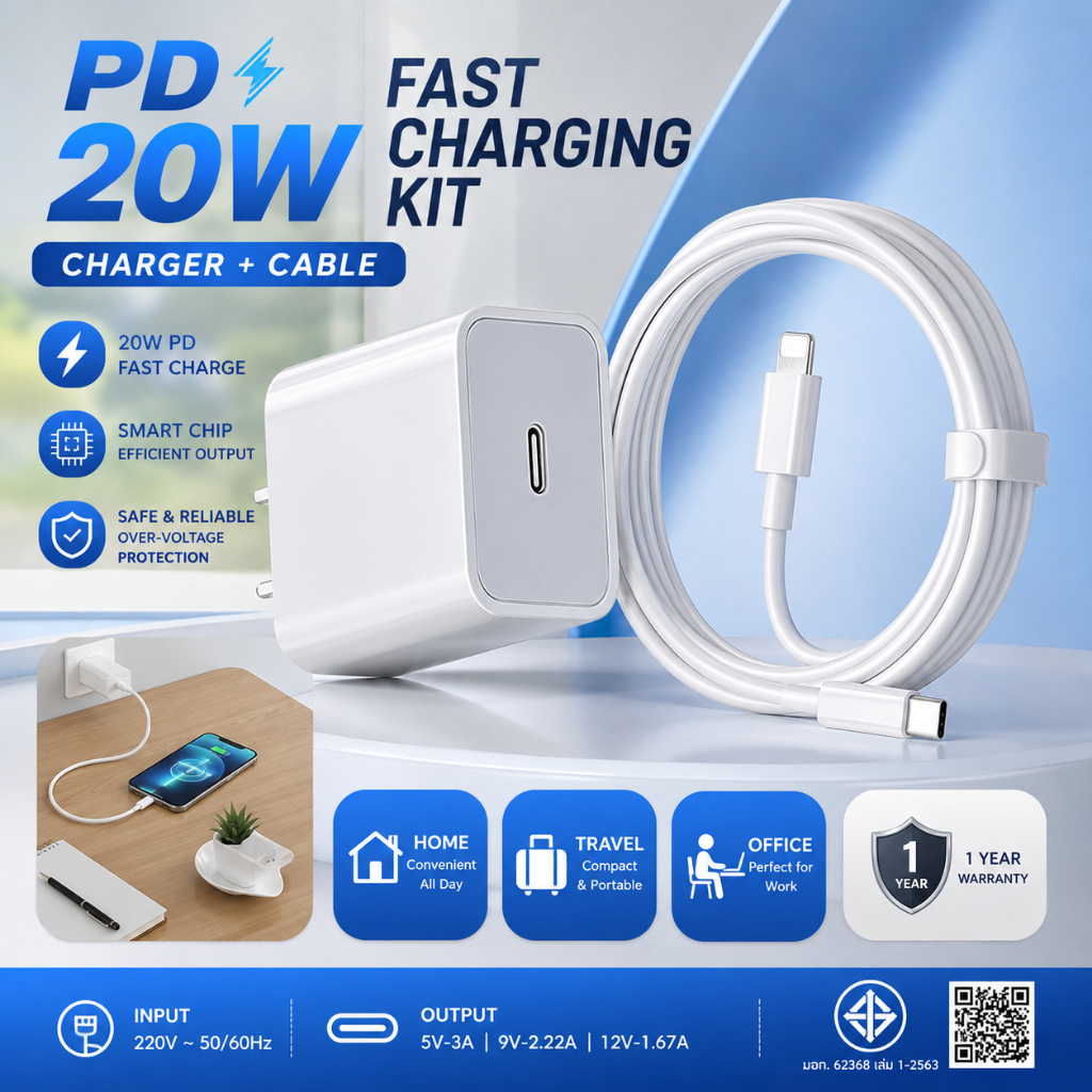ชาร์จเร็ว PD20W ชุดอะแดปเตอร์ชาร์จไว 20W รองรับมือถือหลายรุ่น ใช้ได้ทั้งบ้านและพกพา รับประกัน 1 ปี novatech1.th
