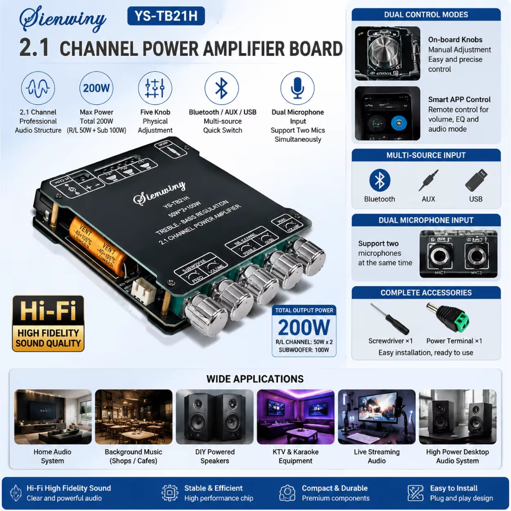 YS-MT21 2.1-Channel Audio Power Amplifier 100W * 2 + 100Wโมดูลดิจิตอลซับวูฟเฟอร์AUX Blutothไร้สาย 12