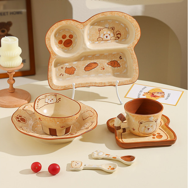 Vintage Bear ชามเซรามิคจานจานอาหารเช้าชามโยเกิร์ตจานจานแบ่งจาน Single-Serving Tableware Set