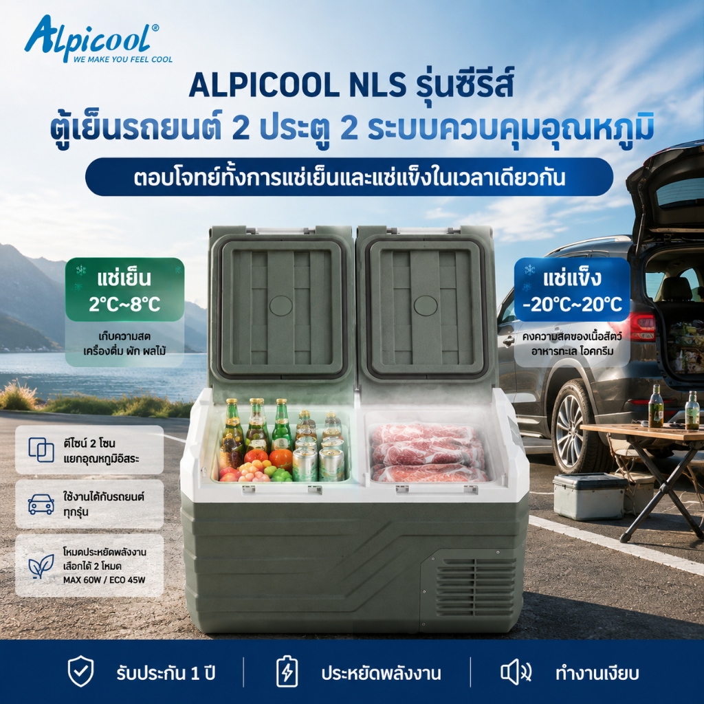 ALPICOOL ตู้เย็นในรถยนต์ สองประตู ควบคุมอุณหภูมิแยกอิสระ ตู้เย็นพกพา -20°C-20°C ใช้งานได้ทั้งในรถและที่บ้าน — 12V DC / 24V AC