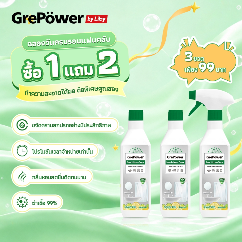 Grepower น้ำยาขัดห้องน้ำ 2 โหมด สเปรย์/โฟม 400ml ขจัดคราบตะกรัน กระเบื้อง กระจก โปร