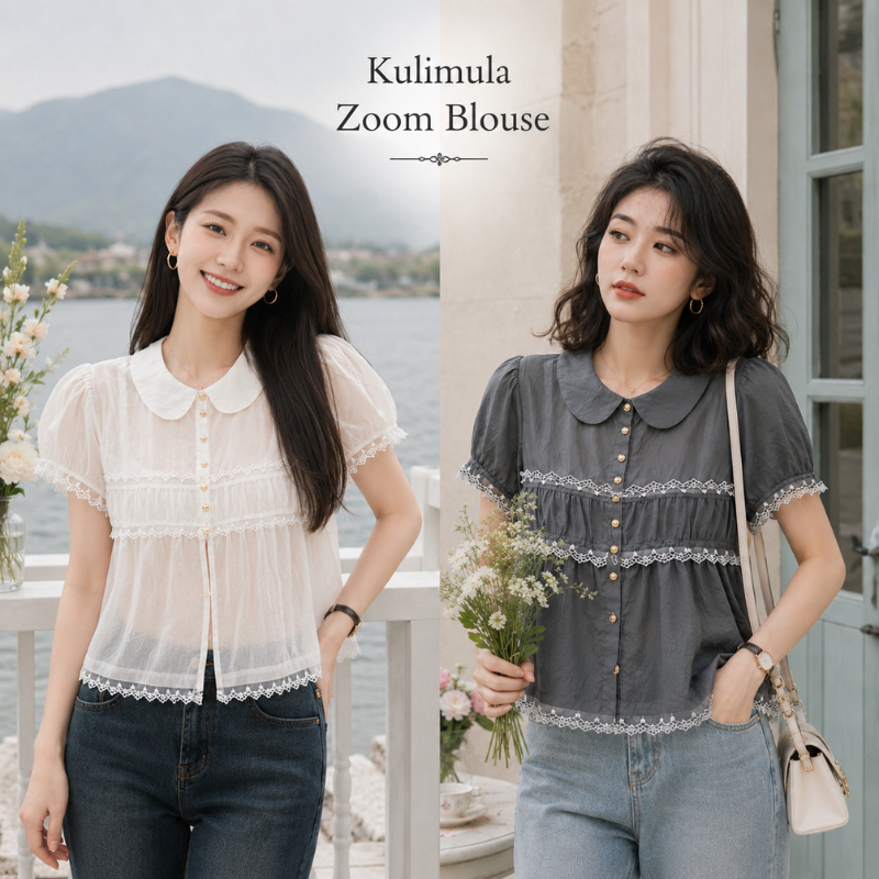 Zoom Blouse เสื้อเบลาส์คอปีเตอร์แพนแขนพอง ผ้าบางโปร่งแต่งลูกไม้ ชั้นจีบ ทรงสั้น สไตล์หวานโรแมนติก