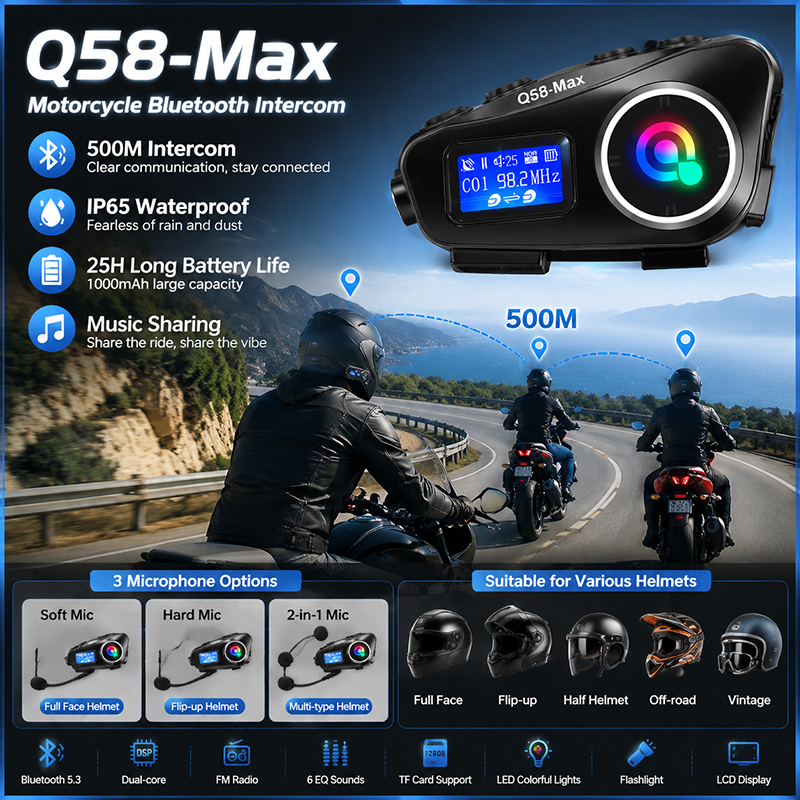 🚚ท้องถิ่น🚚 Q58-Max รถจักรยานยนต์ Intercom 500 เมตรชุดหูฟังสําหรับ 2 Riders จอแสดงผล LCD บลูทูธ 5.3 I