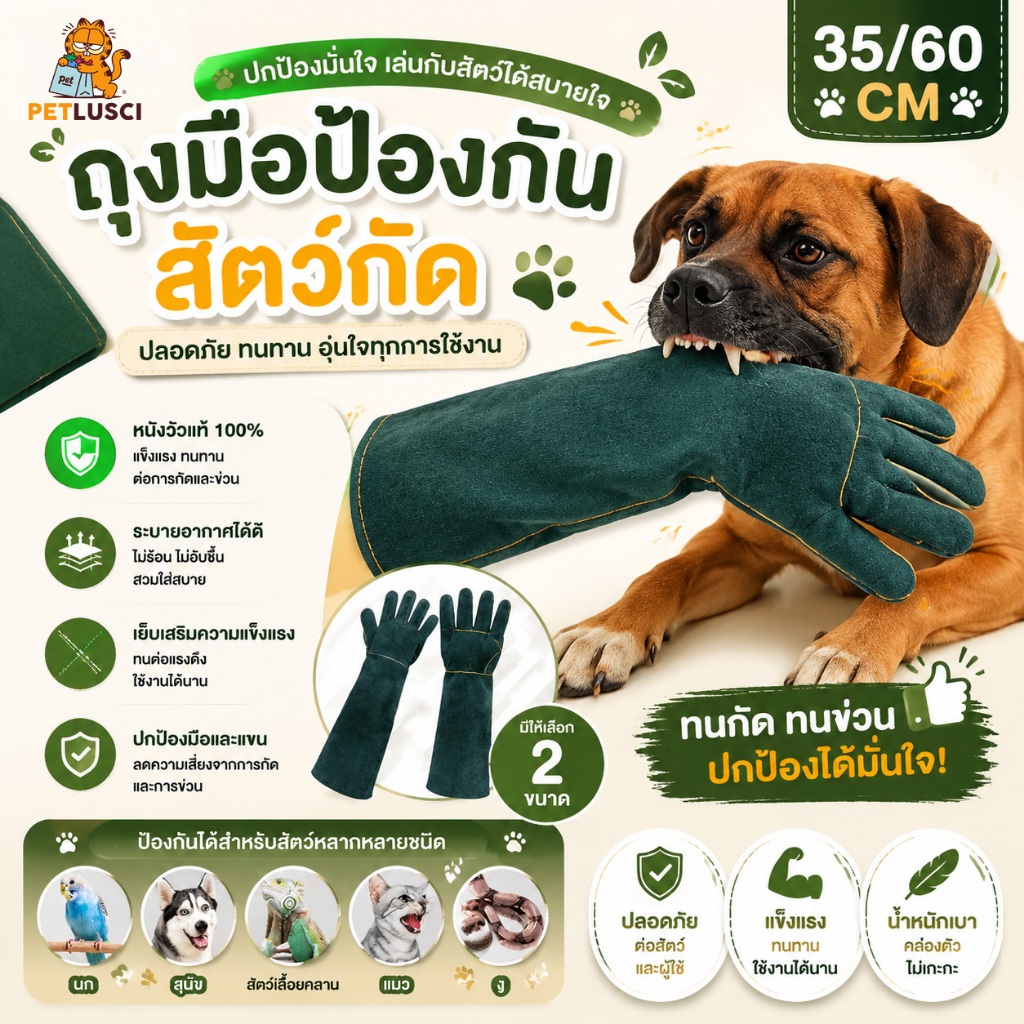 PETLUSCI® ถุงมือกันกัด 35/60cm ถุงมือฝึกสุนัข ถุงมือจับแมว ทำจากหนังวัวแท้ หนา3ชั้น กันข่วน ใช้ฝึกสุนัข แมวดุ
