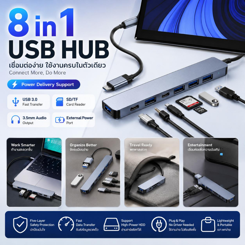 USB HUB 8 in 1 โอนข้อมูลเร็ว รองรับ Power Delivery Type-C HUB อ่านการ์ด SD/TF เสียง 3.5mm ใช้งานหลาย