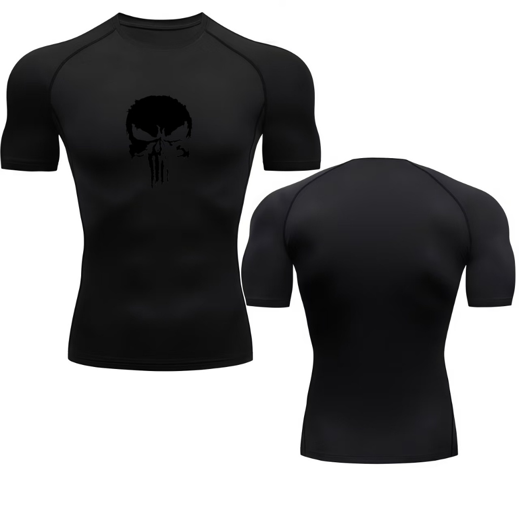 Punisher Skull Graphic Compression Sports Tee Breathable Quick Dry Elastic Fitness Short Sleeve Shir