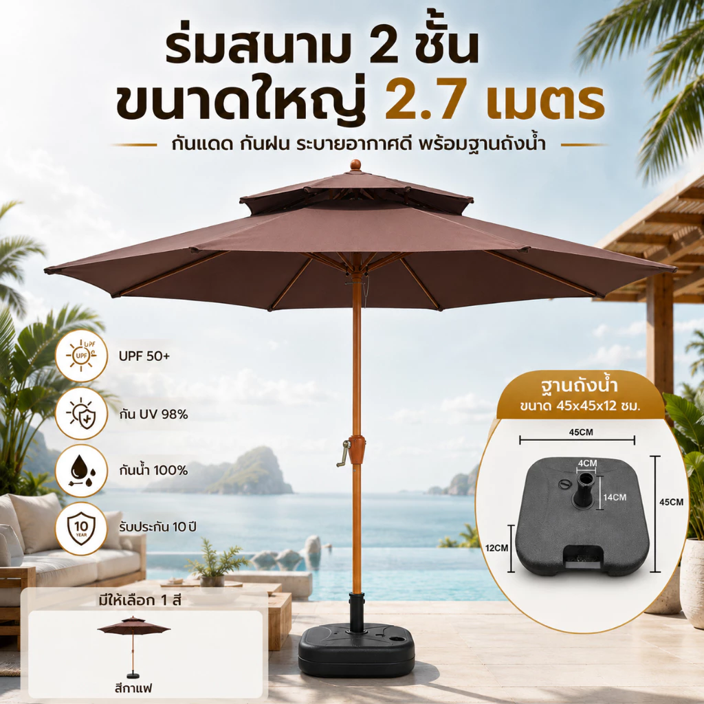 SOARFLY ร่มสนาม 2 ชั้น ขนาดใหญ่ 2.7 เมตร กันแดด กันฝน ระบายอากาศดี สำหรับสวน คาเฟ่ ร้านอาหาร พร้อมถุงมือผ้าฝ้าย
