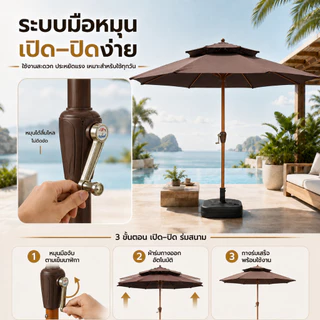 SOARFLY ร่มสนาม 2 ชั้น ขนาดใหญ่ 2.7 เมตร กันแดด กันฝน ระบายอากาศดี สำหรับสวน คาเฟ่ ร้านอาหาร พร้อมถุงมือผ้าฝ้าย