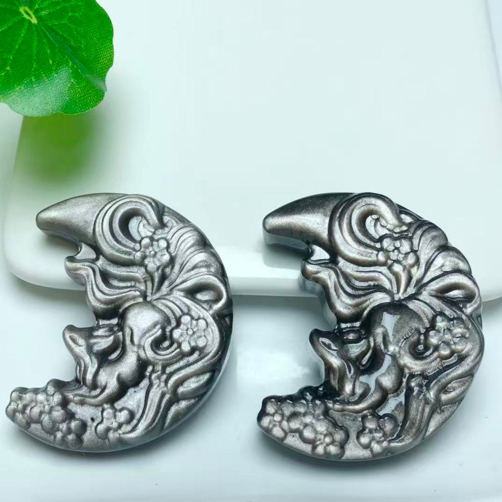 เงินธรรมชาติ Obsidian Moon Fox ประมาณ 45 มม.จี้แกะสลักชิ้นคริสตัล Hand-Made เครื่องประดับ diy อุปกรณ์เสริม Simple All-Match ของขวัญ