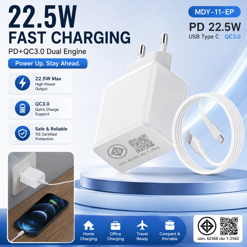 ชาร์จเร็ว 22.5W QC3.0 หัวชาร์จ USB Type-C รองรับมือถือ Xiaomi Redmi ทุกรุ่น พร้อมสาย 100cm ปลั๊ก EU 