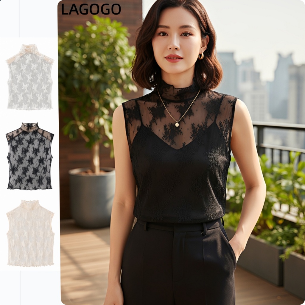 【สินค้าใน TH】ลูกไม้ทุกการแข่งขันสไตล์ใหม่เชื้อราขอบคอเต่าตาข่าย จุดต่ําสุด เสื้อแขนกุดเสื้อกั๊ก