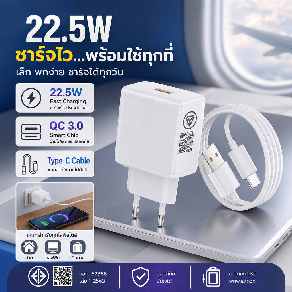 ชาร์จไว 22.5W QC3.0 อะแดปเตอร์ USB Type C MDY-11-EP พร้อมสาย Type-C รองรับมือถือพอร์ต Type-C เหมาะใช