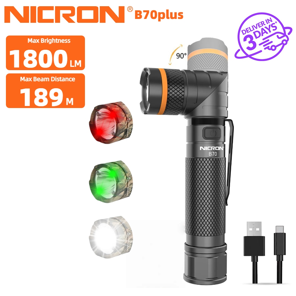 NICRON B70 / B70 พลัสไฟฉาย 90 °หมุนไฟฉายแบบชาร์จไฟหมุนคลิปแฮนด์ฟรี 1800/1200 ลูเมน 3 สีแสงกันน้ำ IP65 ไฟฉายแม่เหล็กที่แข็งแกร่ง