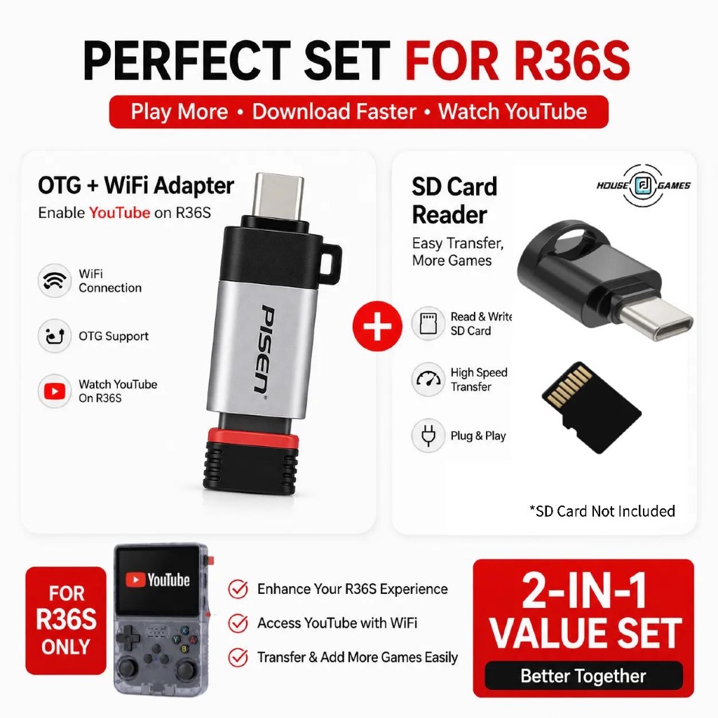 ชุดอะแดปเตอร์ R36S OTG + รวมเครื่องอ่านการ์ด | เปิดใช้งาน Wi-Fi, YouTube & Game Transfer