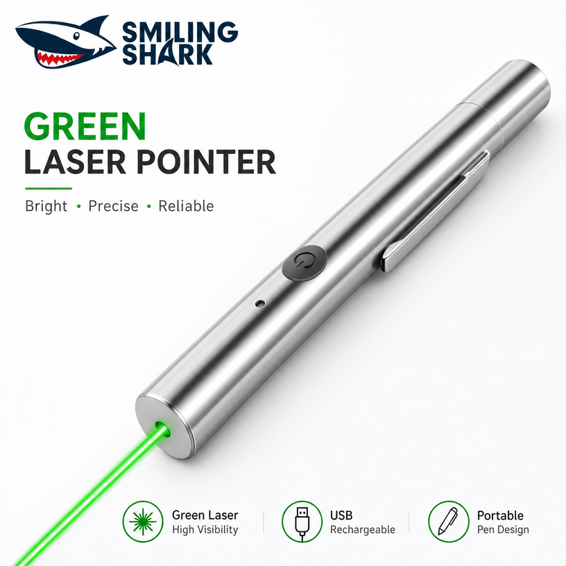 【20000M】SMILING SHARK LS307B เลเซอร์ปากกาเลเซอร์มินิสาธิตแบบพกพา USB ชาร์จปากกาเลเซอร์คลิปยาวเลนส์ แสงสีเขียวแมวของเล่นสอนประชุมไฟฉาย