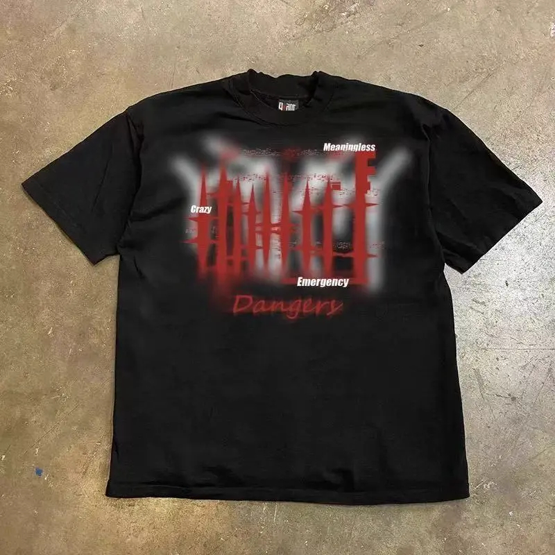 Dangers Crazy Emergency Grunge Letter Graphic T-Shirt Streetwear เสื้อยืดแขนสั้น Unisex