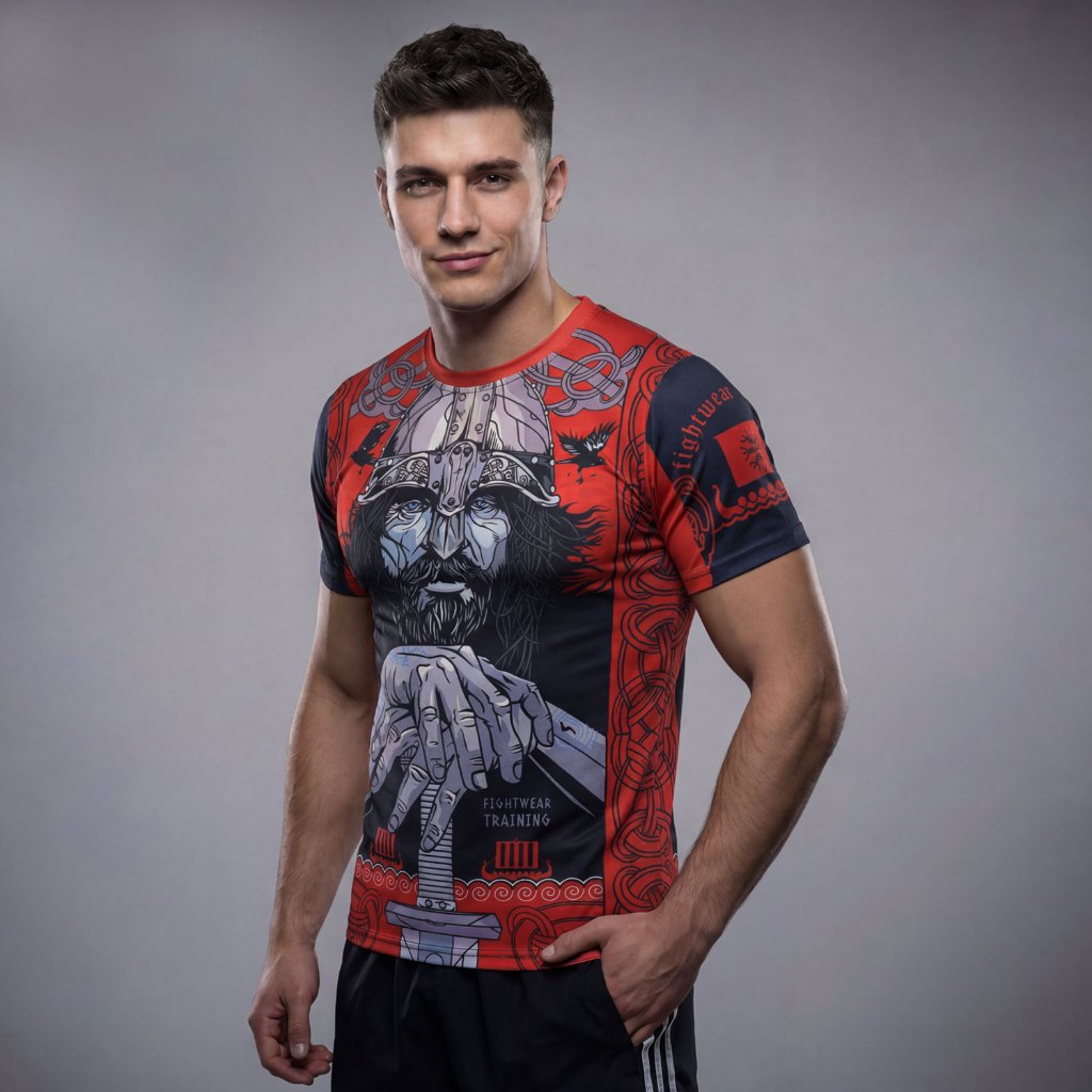 Viking Tomahawk Warriors Training Short-Sleeved Red Black Contrast Color Trendy Quick-Drying Clothes