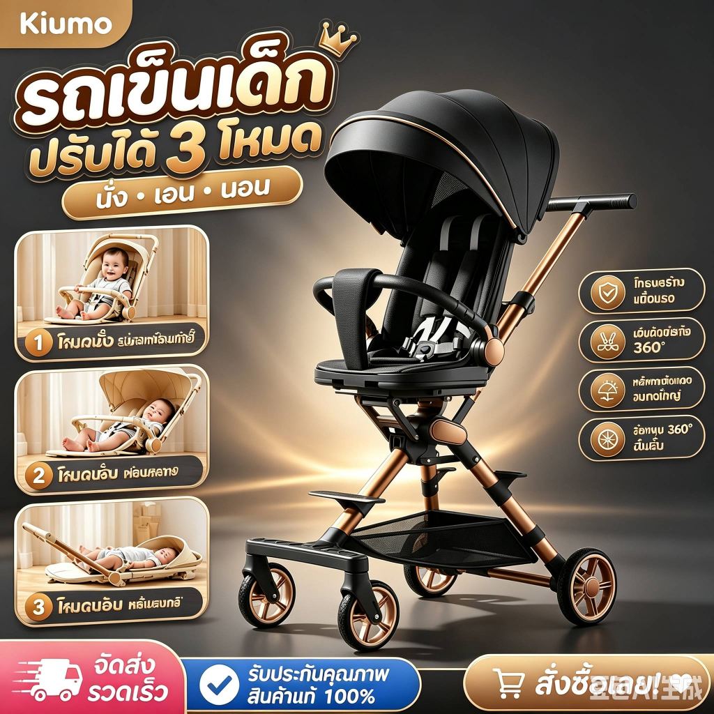 Kiumo รถเข็นเด็ก รถเข็นเด็กพับได้ น้ำหนักเบา 4.9KG เข็นได้ 2 ทิศทาง ปรับนั่งเอนได้ ล้อหมุน 360° มีระบบเบรก พับเก็บง่าย รับน้ำหนัก 50KG สำหรับเด็กแรกเกิด-6 ปี