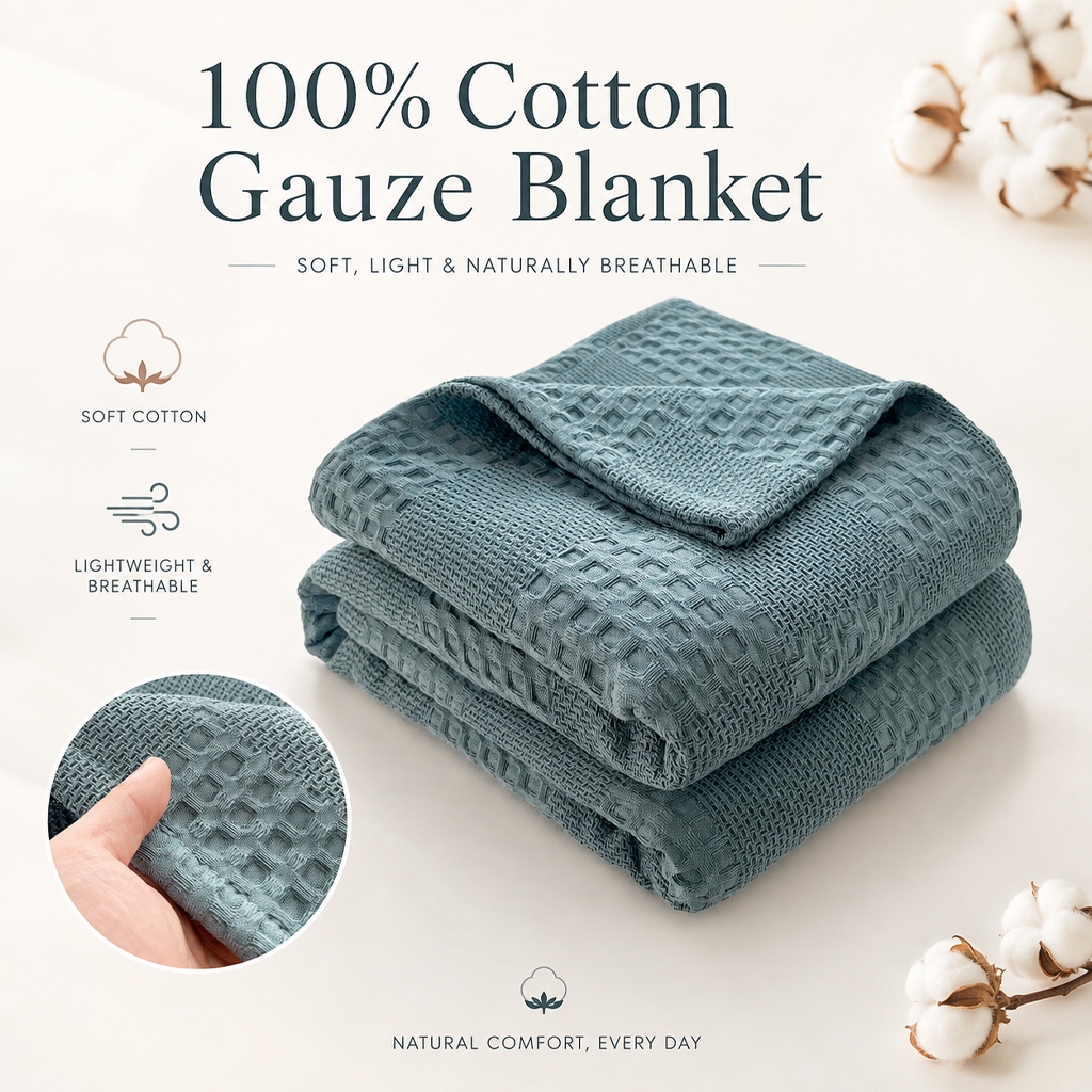 blanket ผ้าห่ม cotton 5ฟุต ขาว ผ้าห่มพกพา วาฟเฟิล ลายสก๊อต 6ฟุต
