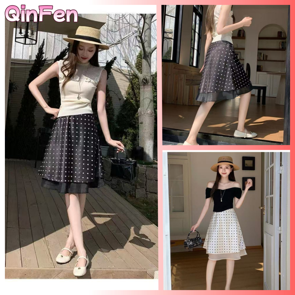 Silky Acetate ผ้าม่านซาติน Polka Dot กระโปรงฤดูร้อนสไตล์ใหม่เอวสูงกระโปรงกลาง