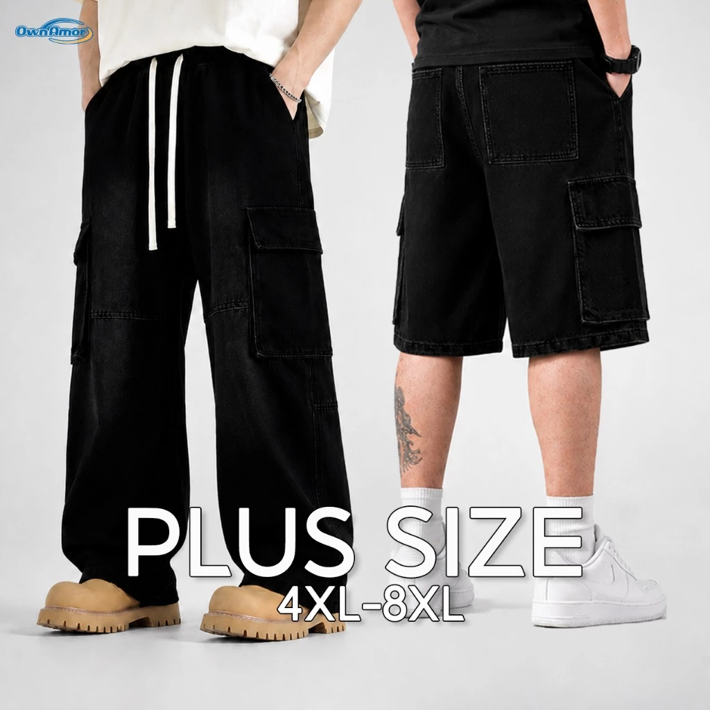 【4XL-8XL】กางเกงยีนส์คาร์โก้ผู้ชาย ทนทาน ขากว้าง ทรงหลวม ลำลอง ระบายอากาศได้ดี สีดำล้วน พลัสไซส์