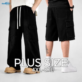 【4XL-8XL】กางเกงยีนส์คาร์โก้ผู้ชาย ทนทาน ขากว้าง ทรงหลวม ลำลอง ระบายอากาศได้ดี สีดำล้วน พลัสไซส์