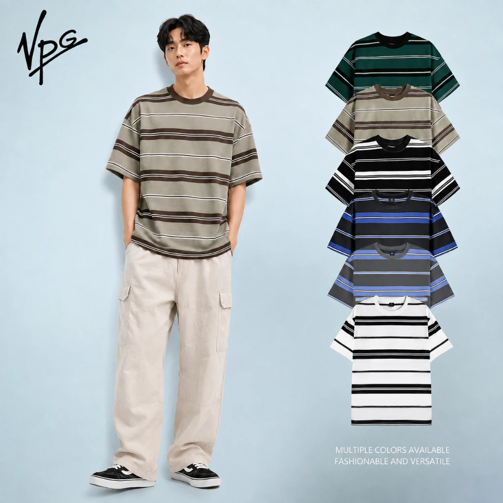 VPG เสื้อยืดลายสําหรับชายคู่เสื้อยืดลําลอง สตรีทแวร์ ที สบายที่เรียบง่ายรอบคอระบายอากาศนุ่มลายด้านบนผู้ชาย