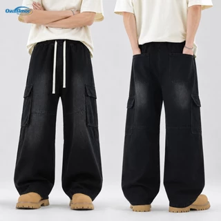 【4XL-8XL】 กางเกงยีนส์ผู้ชาย พลัสไซส์ ขากว้าง ทรงหลวม คาร์โก้ สตรีทแวร์ ระบายอากาศได้ดี เนื้อนุ่ม