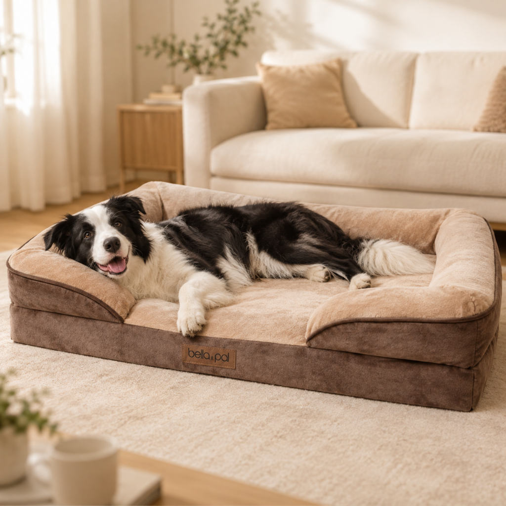 Bella & Pal Orthopedic Dog Sofa Bed โซฟาเพื่อสัตว์เลี้ยง for Small Medium Dogs | เคลือบกันน้ำ ผ้าคลุมถอดซักได้ | ไม่ต้องประกอบ พร้อมใช้งาน | โฟมรองรับสรีระ กันลื่น ขอบตั้งสูง