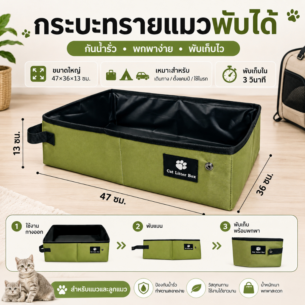 Karat กระบะทรายแมวพับได้ แบบใช้แล้วทิ้ง ป้องกันน้ำรั่ว พร้อมแผ่นซับน้ำ กระบะทรายแมวแบบพกพาสำหรับเดินทาง ตั้งแคมป์ และใช้ในรถ