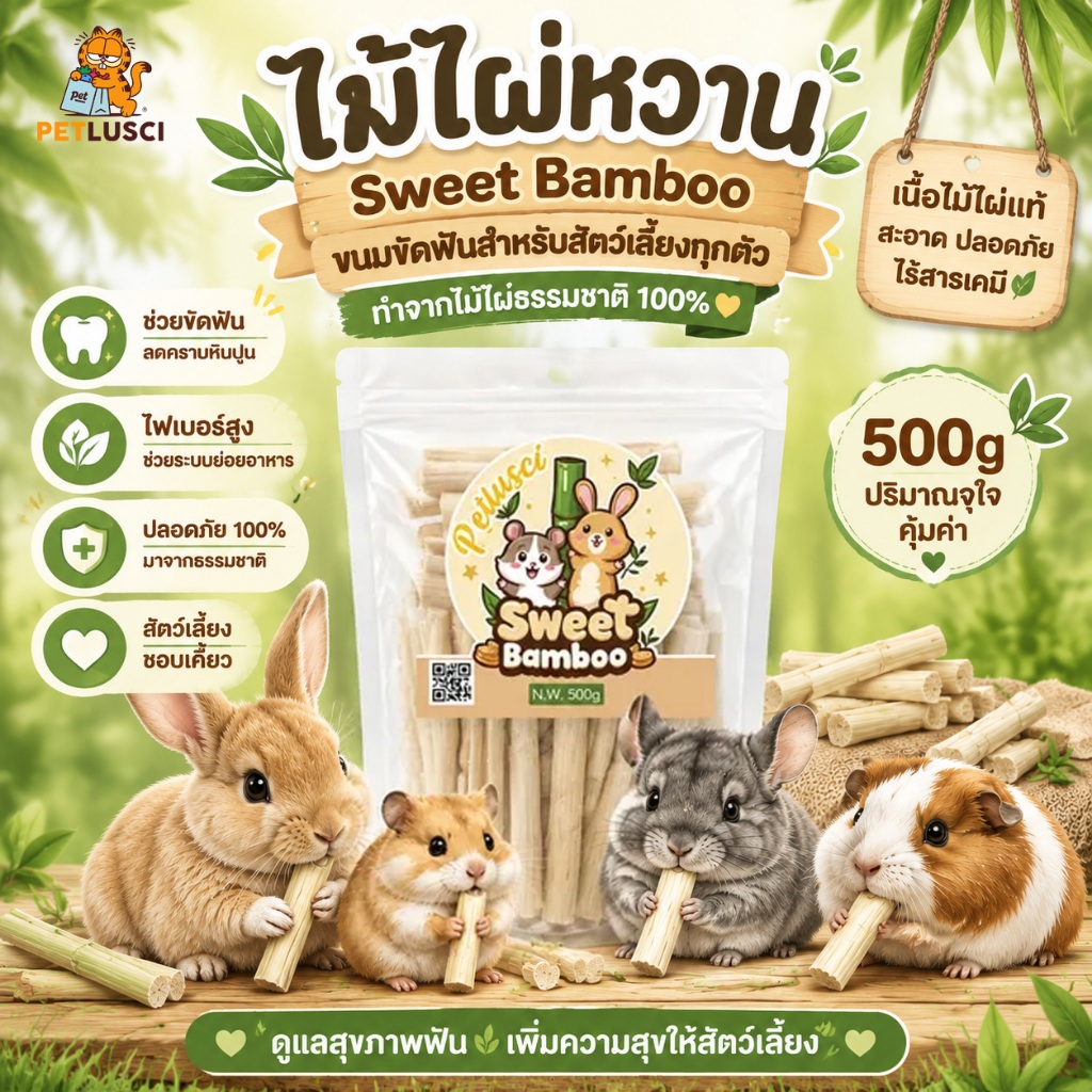 PETLUSCI® ไผ่หวาน Sweet Bamboo 500/1000g ไม้ลับฟันสัตว์เลี้ยง กระต่าย เม่นแคระ หนูแฮมเตอร์ และสัตว์ฟันแทะอื่น