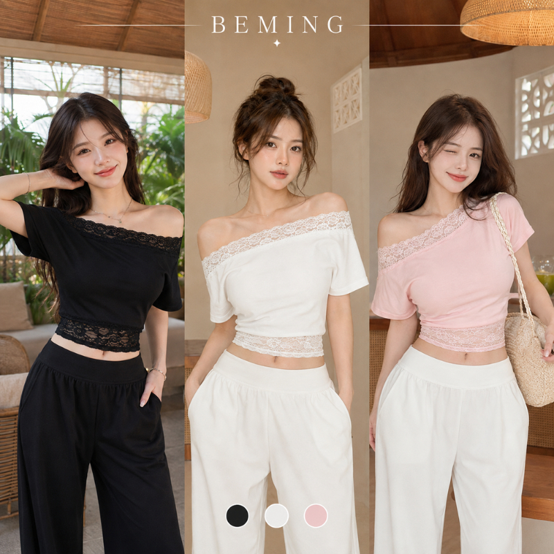 【Sale🔥】BEMING Sorbet Off-shoulder baby tee เสื้อครอปไหล่ลาดแขนสั้น เปิดไหล่แต่งลูกไม้ขอบบนขอบล่าง