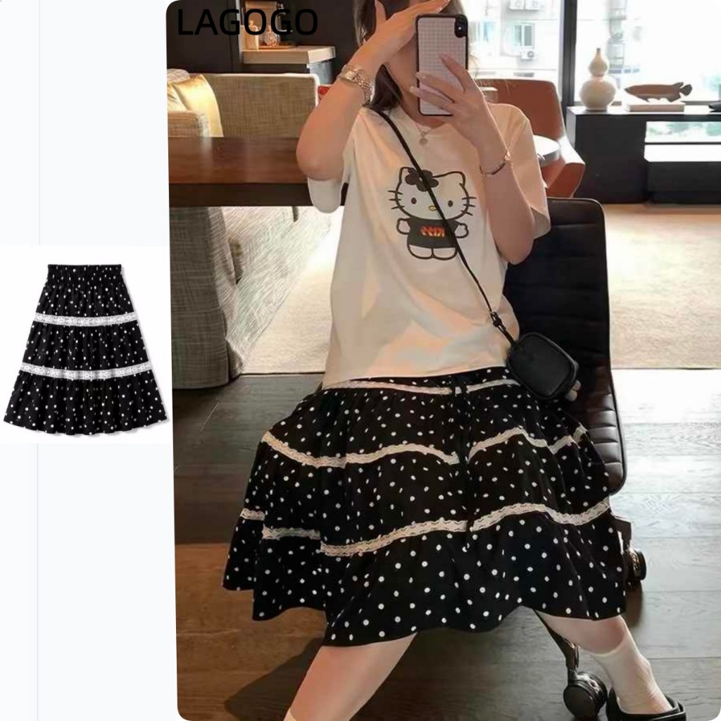ลูกไม้ Polka Dot a-Line กระโปรงเค้กผู้หญิงบางหวานสบายๆกระโปรงสีดําผู้หญิงฤดูร้อน