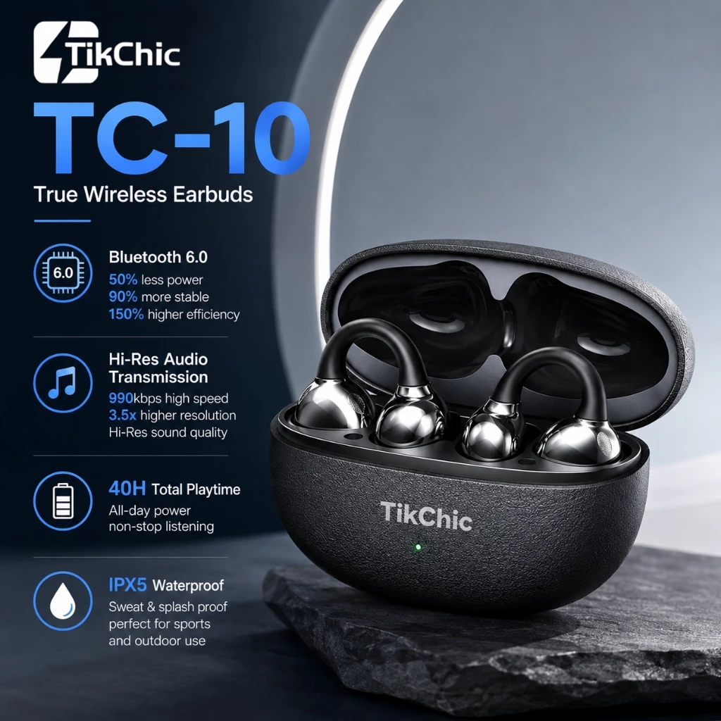 TikChic TC-10 หูฟังไร้สายแบบเปิดหู, บลูทูธ 6.0, เสียงความละเอียดสูง, เวลาเล่น 40 ชม., กันน้ํา IPX5, การเพิ่มประสิทธิภาพความถี่ต่ํา OpenBass, หูฟังสปอร์ตที่สะดวกสบาย