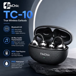 TikChic TC-10 หูฟังไร้สายแบบเปิดหู, บลูทูธ 6.0, เสียงความละเอียดสูง, เวลาเล่น 40 ชม., กันน้ํา IPX5, การเพิ่มประสิทธิภาพความถี่ต่ํา OpenBass, หูฟังสปอร์ตที่สะดวกสบาย