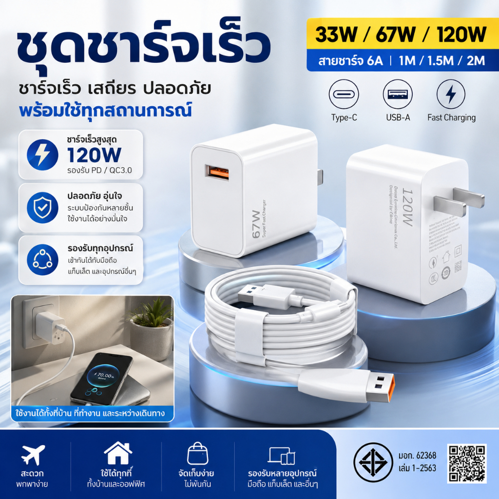 ชุดชาร์จเร็ว 33W 67W 120W หัวชาร์จ PD QC3.0 พร้อมสายชาร์จ USB Type-C 6A 1M/1.5M/2M รองรับหลายรุ่น jb
