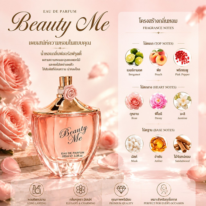 Beauty Me Floral Fruity EDP น้ําหอมผู้หญิง 100ml Long Lasting Romantic Rose Scent ขวดรูปหัวใจ Gold Rose Cap กล่องของขวัญหรูหรา Ideal Valentine Birthday Gift Thailand Ready