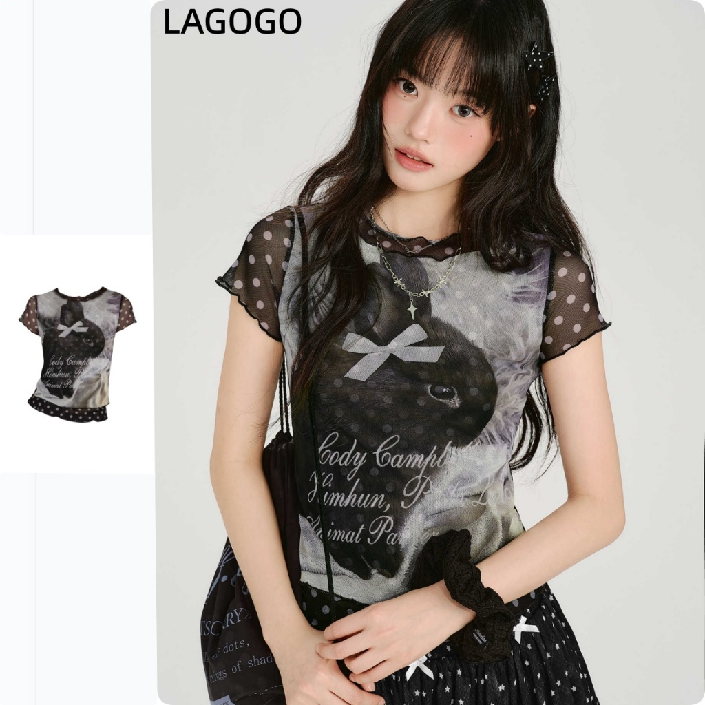 American Retro Hot Girl Gauze พิมพ์เสื้อยืดแขนสั้นผู้หญิงฤดูร้อนสไตล์ใหม่ Polka Dot Slim-Fit Top