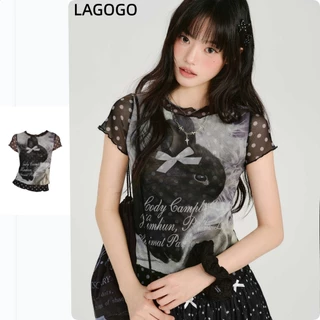 American Retro Hot Girl Gauze พิมพ์เสื้อยืดแขนสั้นผู้หญิงฤดูร้อนสไตล์ใหม่ Polka Dot Slim-Fit Top