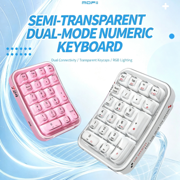 MOFii SK724 21 คีย์แป้นพิมพ์ตัวเลขไร้สาย Dual-mode BT 2.4G 400mAh RGB ปุ่มกดขนาดเล็กโปร่งใสสําหรับ O