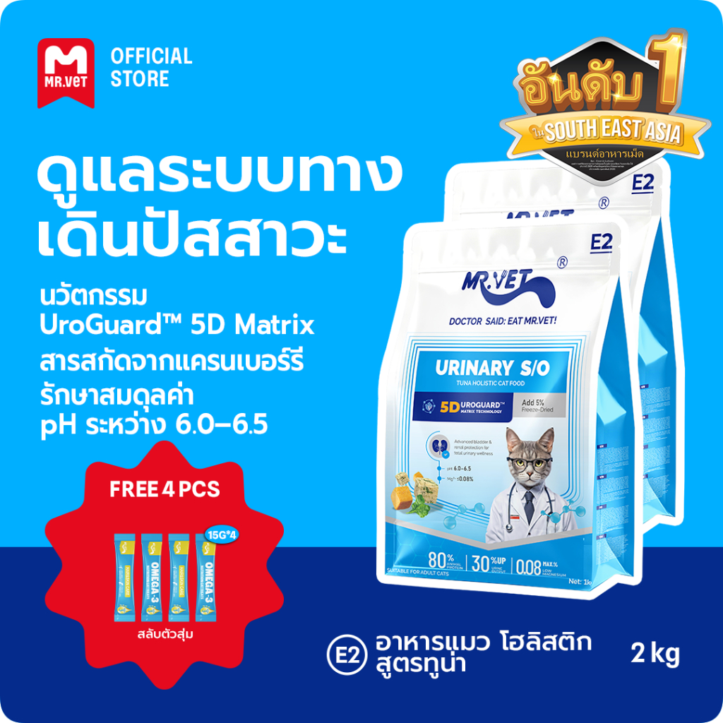 MR.Vet E2 UroGuard™ 5D Matrix อาหารแมว 2KG – รองรับปัสสาวะ T