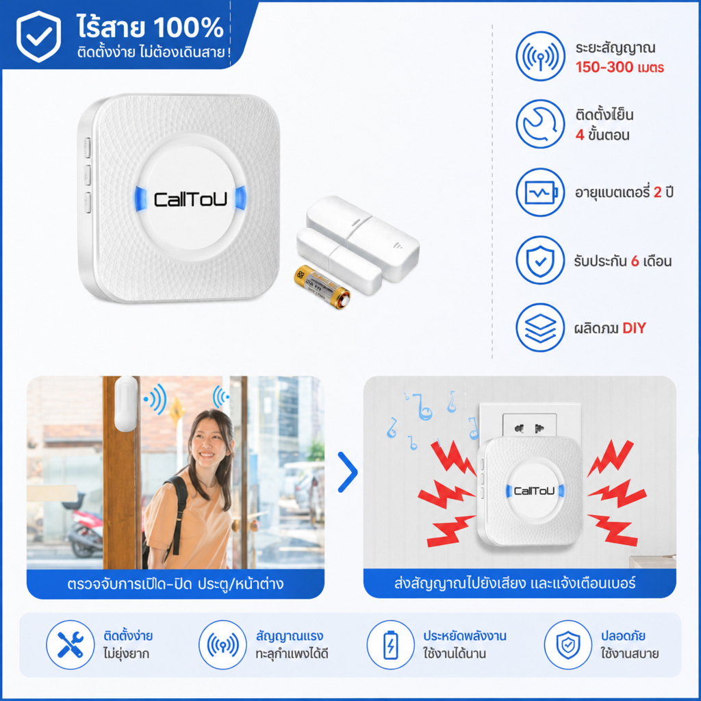 DAYTECH Wireless Sensor Door Wireless Shop หน้าต่างประตูด้านหน้า Anti-Theft Noise Wireless Doorbell