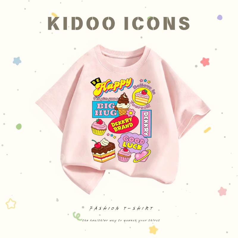 KIDOO ICONS เสื้อยืดเด็กคอกลมผ้าฝ้าย 100% ลายการ์ตูนขนมเค้กและไอศกรีม แขนสั้น สไตล์เกาหลี #A01+5979