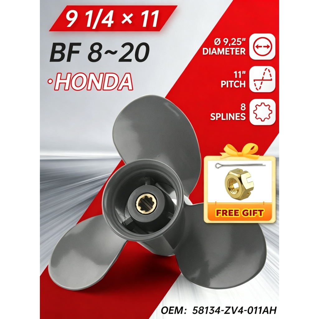 9-1/4 x 11 เรือนอกใบพัด 3 ใบมีด 8 Spline สําหรับ Honda Yamaha 8HP 9.9HP 15HP 20HP เครื่องยนต์ 58133-